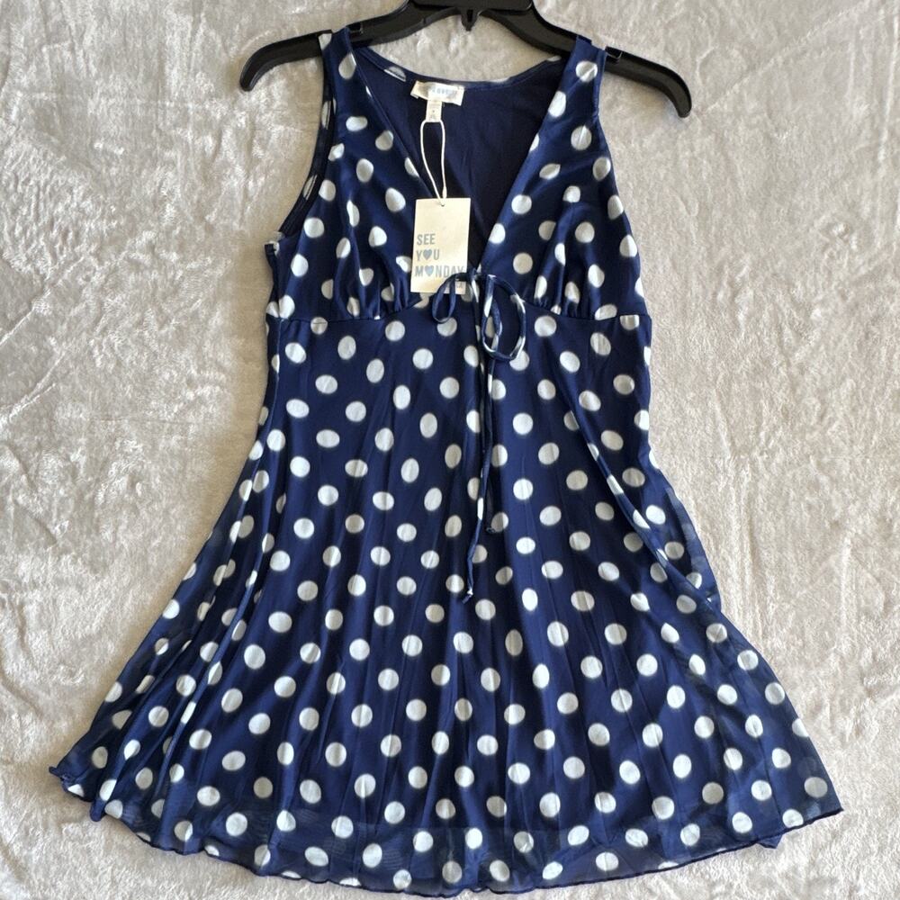 See You Monday NEW Womens Mini Dress XL Blue/White Dot Sleeveless V-Neck Lined